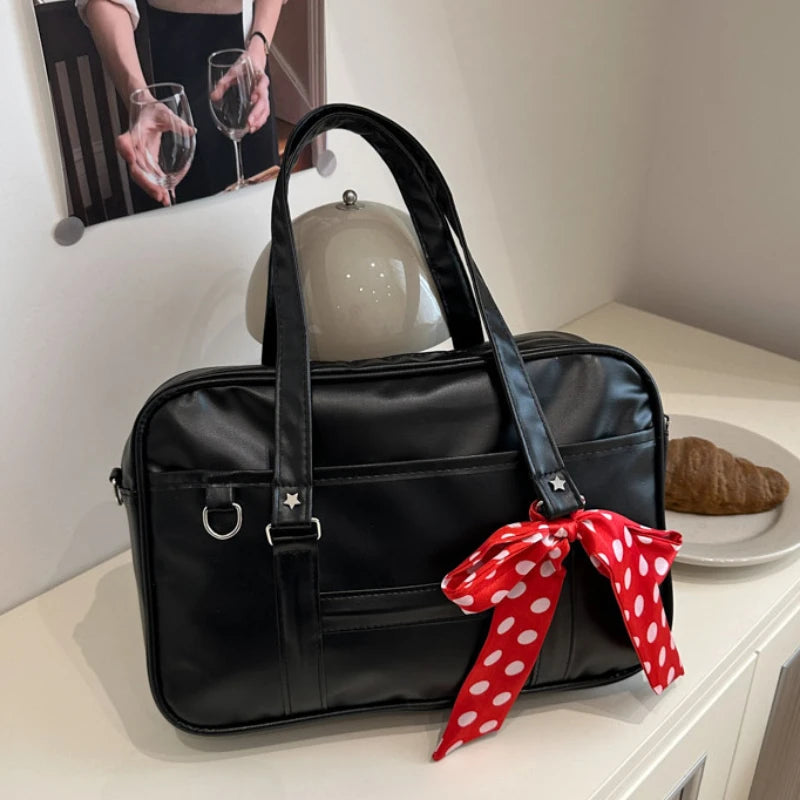 Large Capacity Women's Ribbon Shoulder Bags PU Leather Daily Ladies Crossbody Bag Solid Color College Girls Laptop Tote Handbags