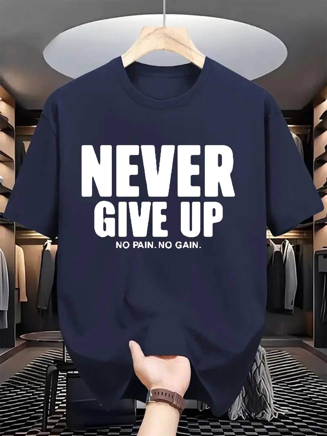 Men's 100% pure cotton fashionable casual loose sports never give up letter pattern printed round neck short sleeved T-shirt top