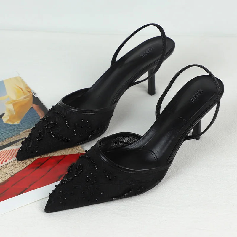 Women's Sandals 2025 Summer Brand Designer Ladies Flower Mesh Open Heel Shoes Sexy High Heel Pointed Toe Stiletto Pumps Mules