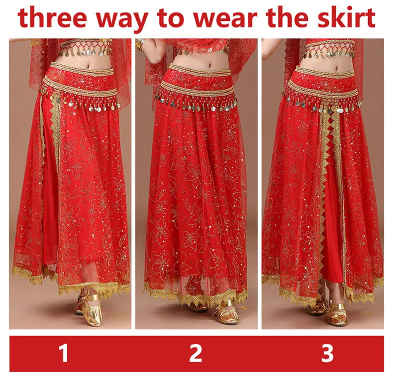 Sari For Women Indian Clothes Sari Bollywood Dress Belly Dance Costume Suit Women Chiffon 5pcs (Headpieces Veil Top Belt Skirt)