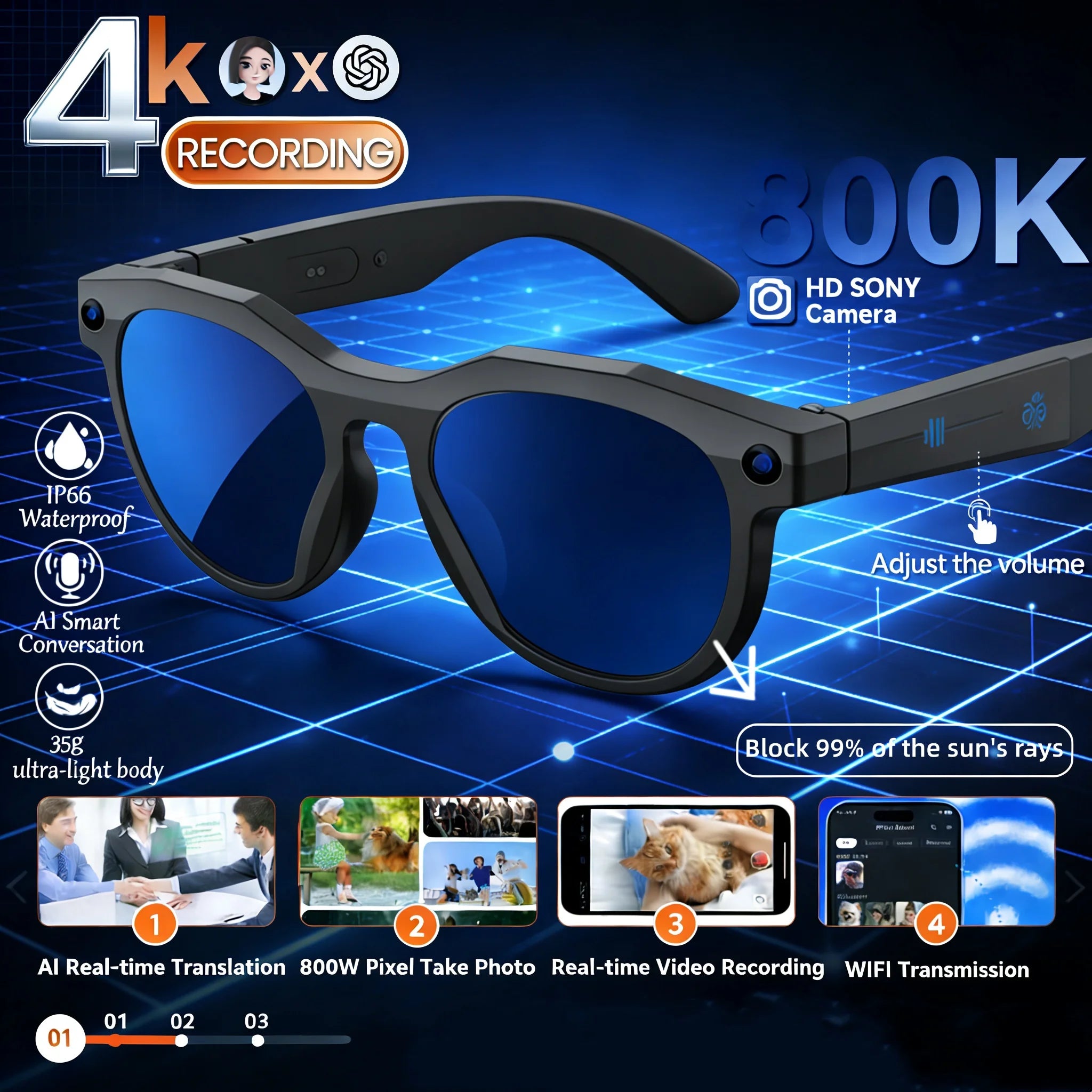2026 New 4K HD AI Smart Glasses Men 800W Pixel Camera Bluetooth Call WIFI Transmission Voice Assistant Smart Glasses Women men