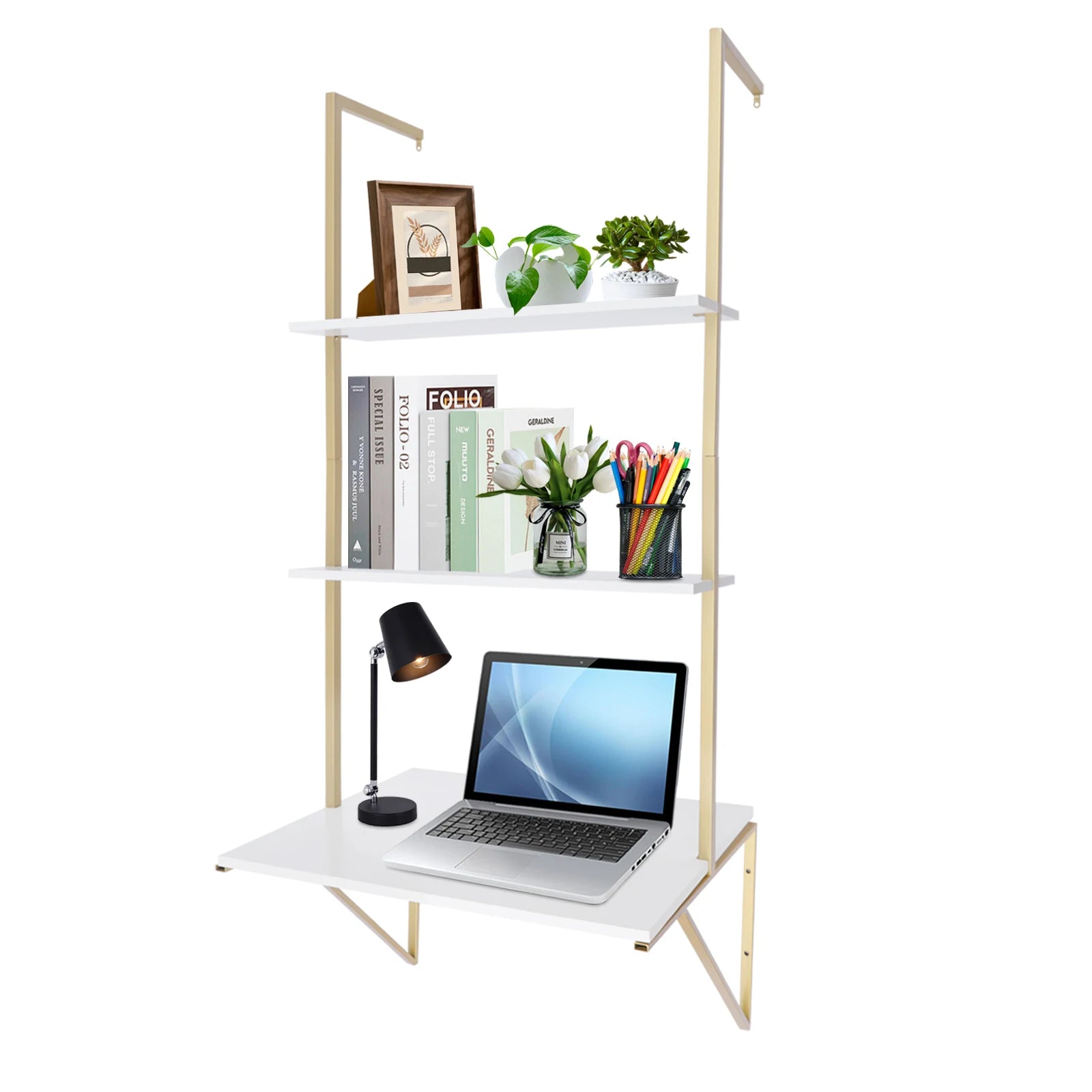 CNCEST 3 Tier Standing Desks Ladder Desk Wall Mounted Shelf Floating Shelves Bookshelf Decorative Hanging Display
