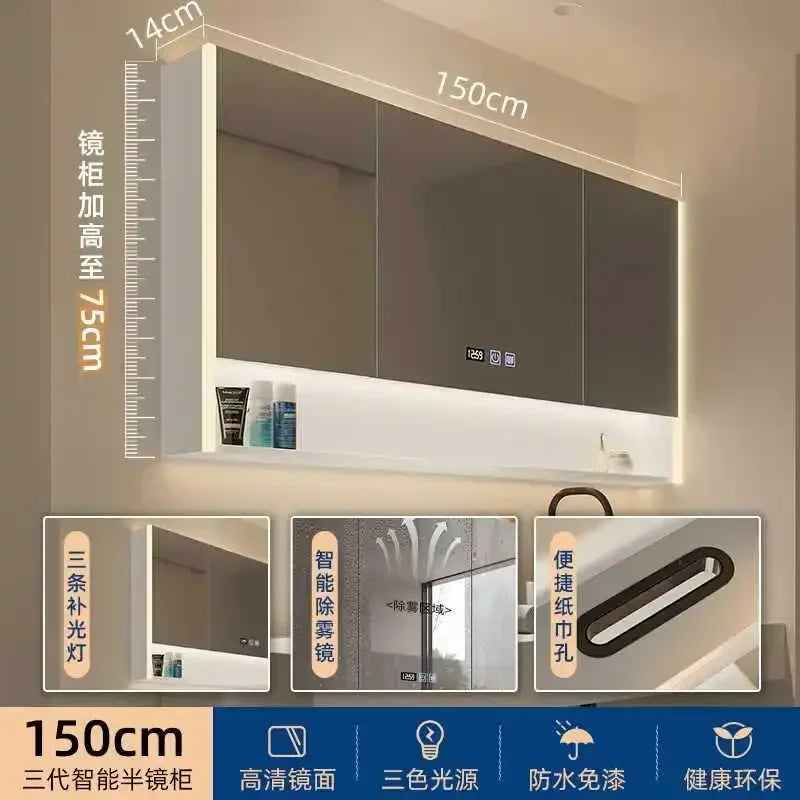 Smart Bathroom Cabinets Makeup Mirror Storage Cabinet LED Light Wall Mirror Cabinet with Time Digital Display Bathroom Furniture
