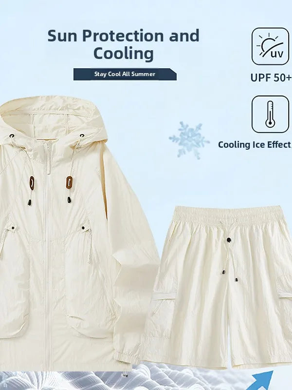 Men's Summer Thin Breathable Hat Sun Protection Suit Outdoor Fishing Climbing Function Couple Set Long Sleeve Short Pants