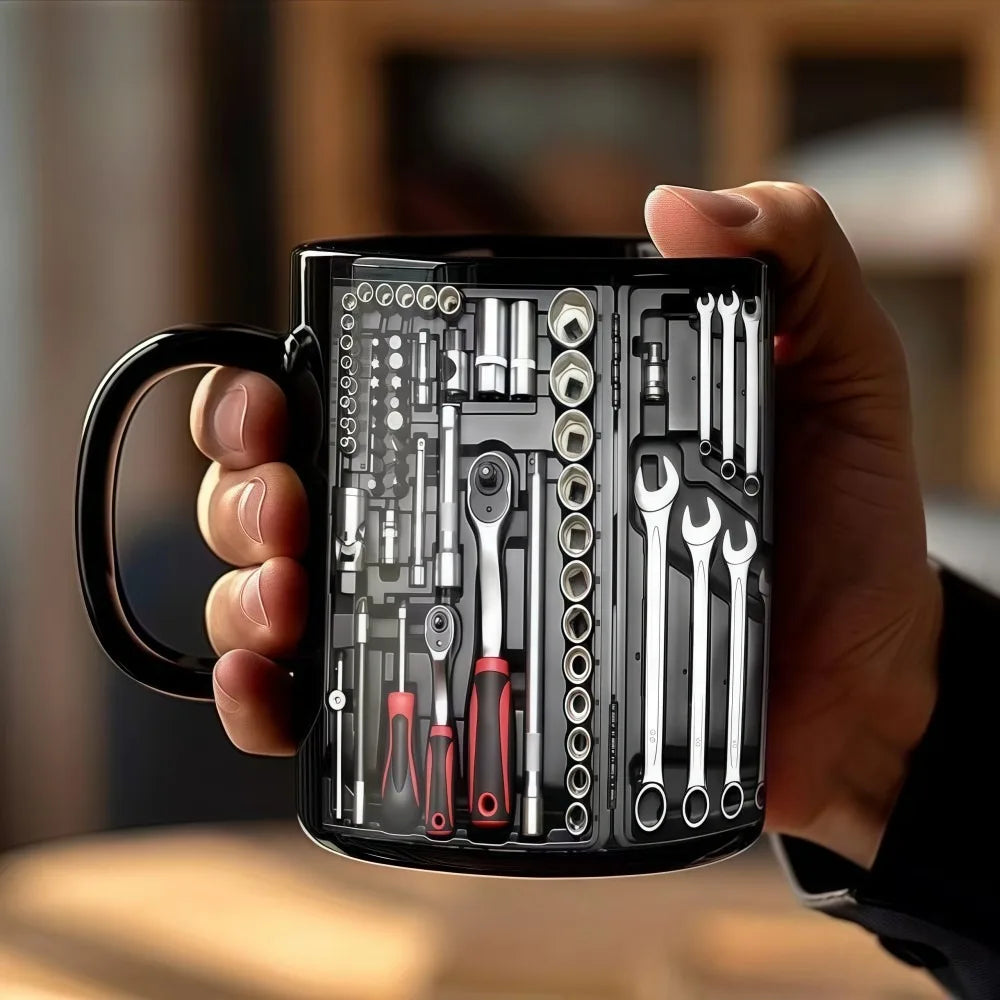 Funny 325ml Mechanic Coffee Mug Ceramic Wrench Pattern Water Cup Toolbox Design Sturdy Mechanic Mug Auto/Car Mechanic Gift