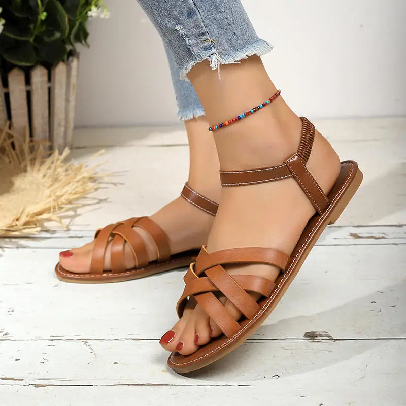 Vintage Brown Ankle Strap Gladiator Sandals Women Summer 2026 Brand Design Cross Strap Flat Feel Sandals Woman's Beach Shoes