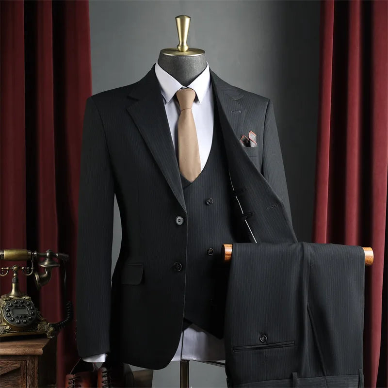 Man 3-piece Suit Outfit Single-breasted Long Sleeve Blazer Men V-neck Vest Straight-leg Pant Male Striped Business Casual Set