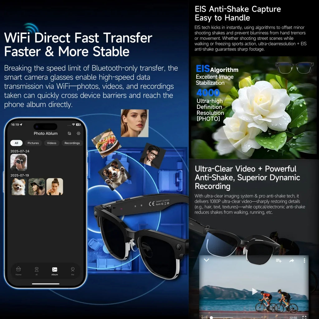 2026 AI Smart Glasses for Men And Women with 4K HD Camera 1080P Video 8MP 100+ Language Translation WiFi Bluetooth Call Sunglass