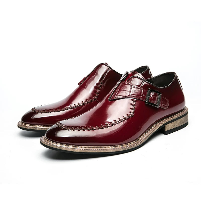 Red Men's Banquet Dress Shoes Luxurious Glossy PU Fashion Designer Leather Shoes Men's Commuting Wooden Heel Black Leather Shoes