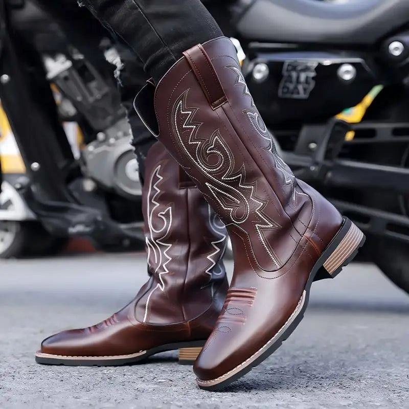 Men High Top Boots PU Low Heel Fashionable Retro Embroidery Classic Western Denim Men Boots