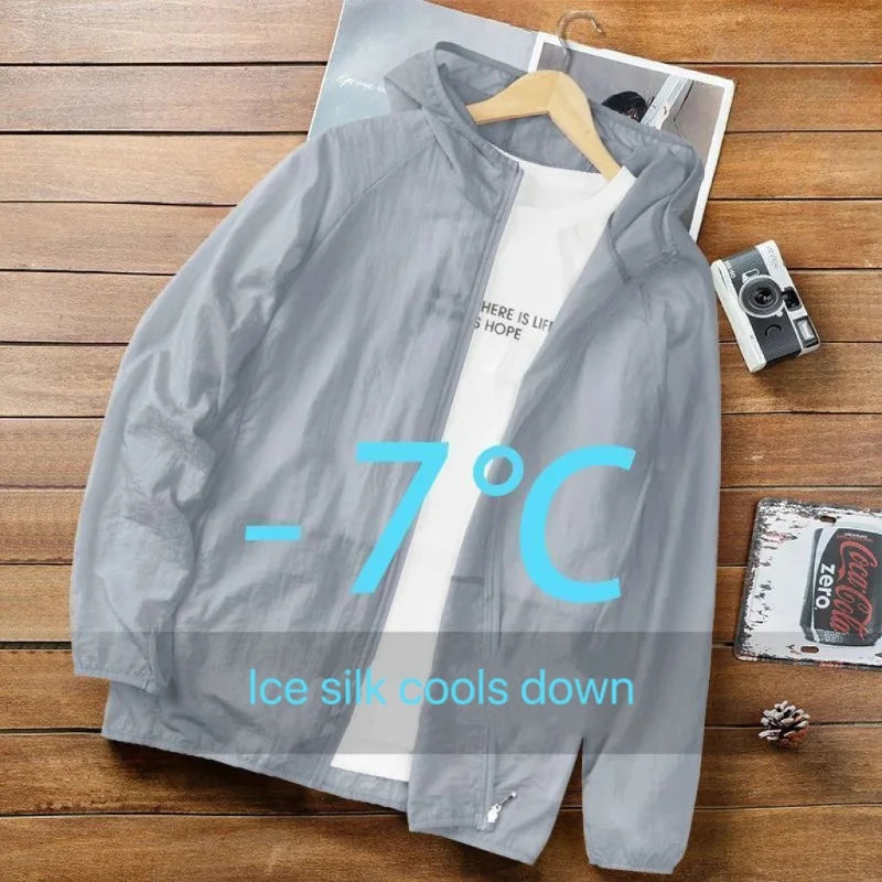 Summer Men's Ice Silk Thin Sun Protection Coats Sportswear Hooded Man Casual Jackets Outdoor Fishing Sunscreen Clothing Top