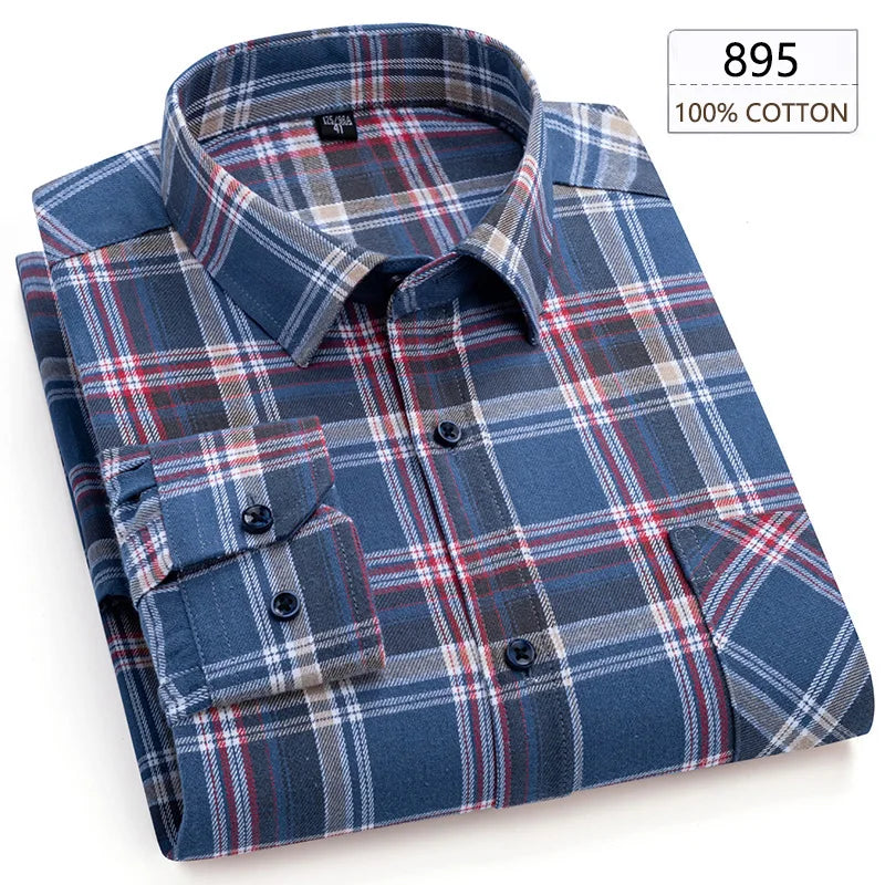 New Spring Long Sleeve Plaid Shirts For Men 100% Cotton Flannel Plus Size Easy care Confortable Top Casual Smart Dress Shirts