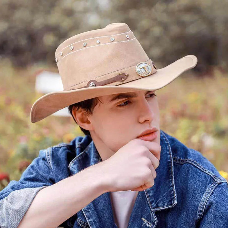 Classic Western Men's Cowboy Hat Women Cowgirl Cap Faux Leather Black Outdoor Casual Sombrero Hombre With Windproof Rope