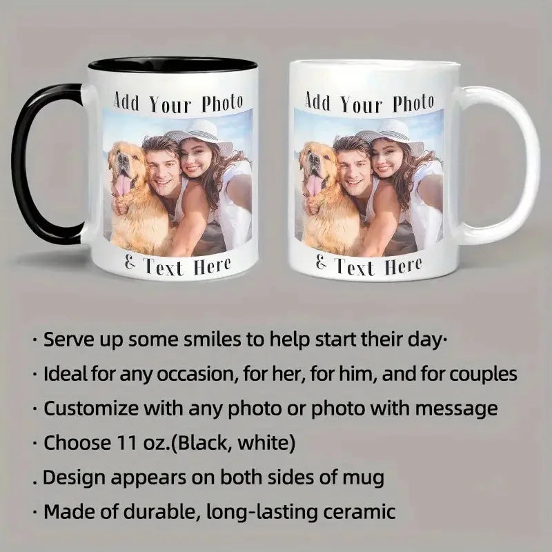 1 piece customizable, 11 ounce ceramic coffee cup, customizable with photos, text, and logo, perfect for office and family gifts