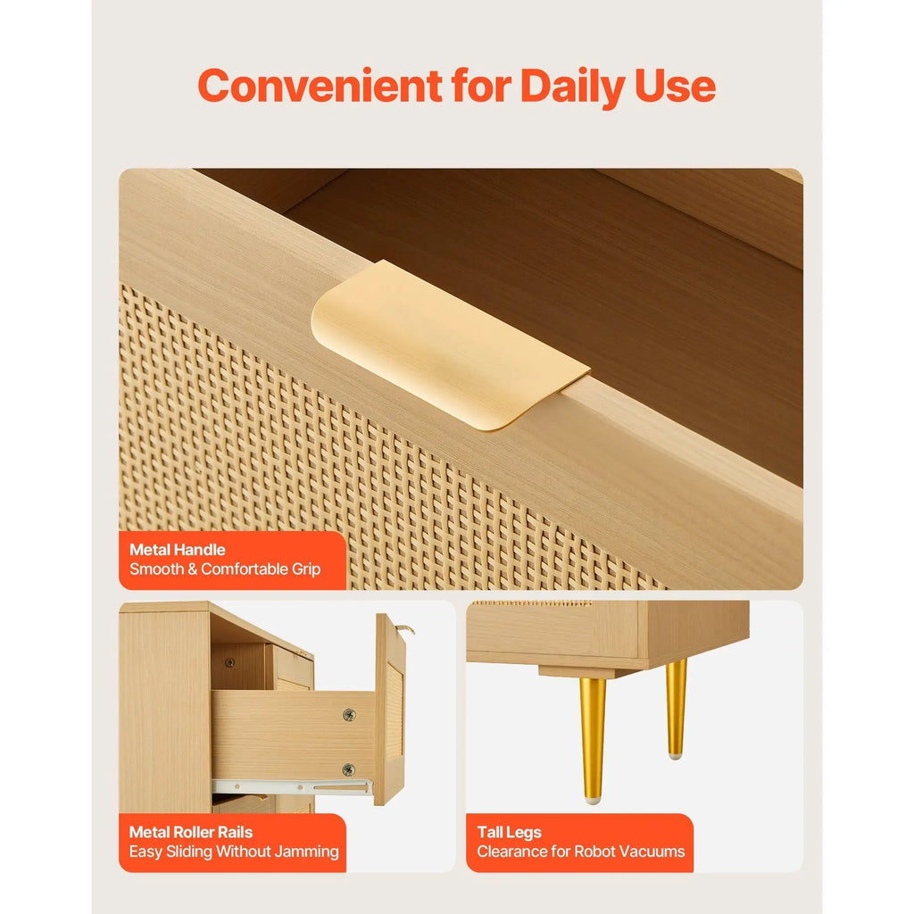 Modern 6-Drawer Rattan Dresser Metal Handles Legs Natural Wood Chest Clothing Organizer for Bedroom Living Room Hallway Model