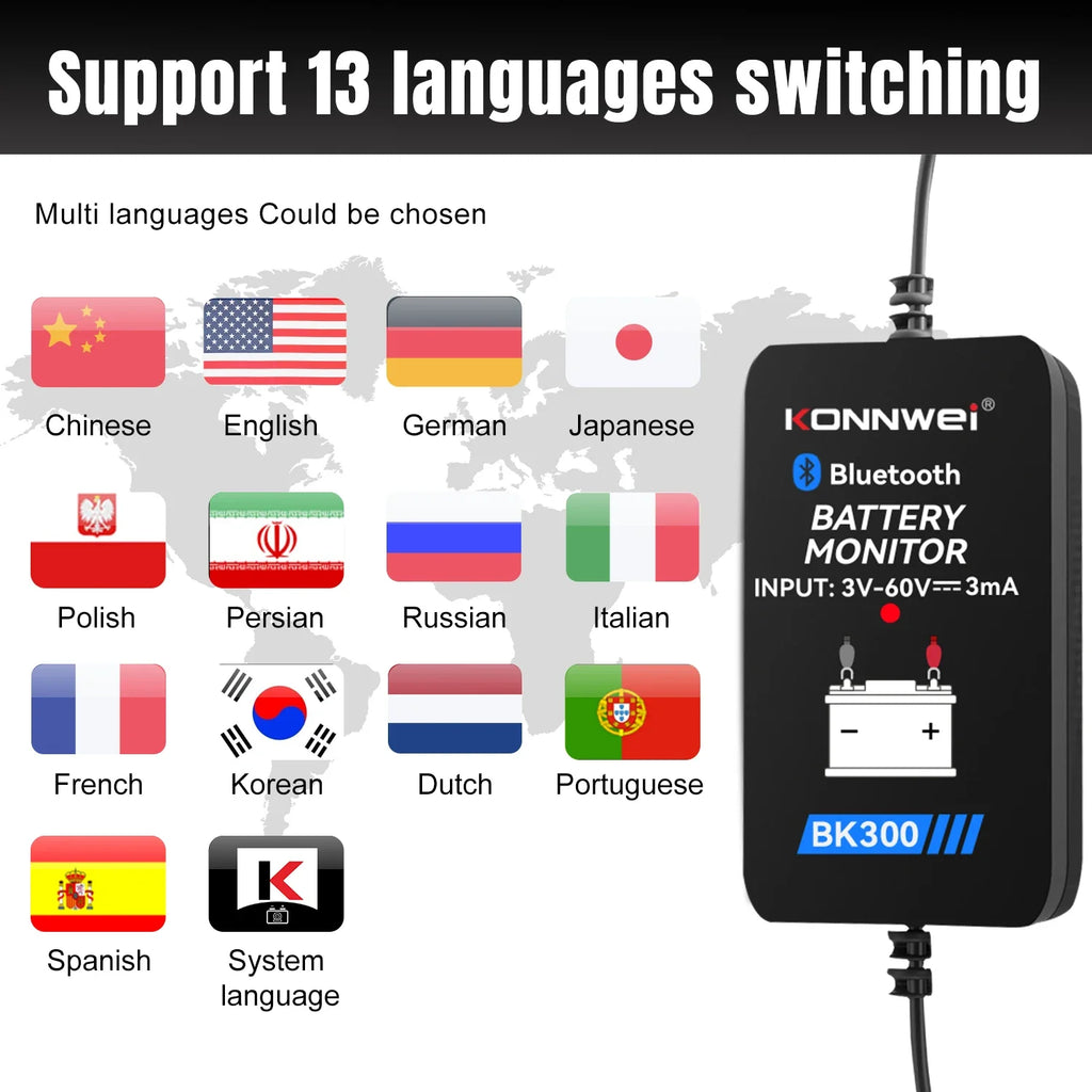 KONNWEI BK300 Lead Acid Starting Car Battery Detector 12V 24V Capacity Resistance Bluetooth 5.2 Automotive Battery Monitor Tool