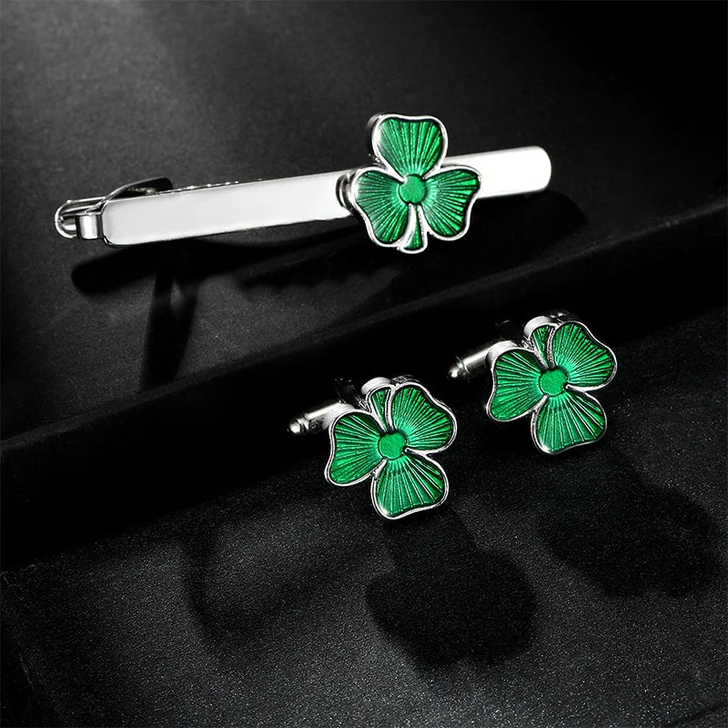 Fashion Enamel Four Leaf Clover Tie Clip Cufflinks Collar Studs Cuff Links Set Women Men Business Shirt Tie Jewelry Accessories