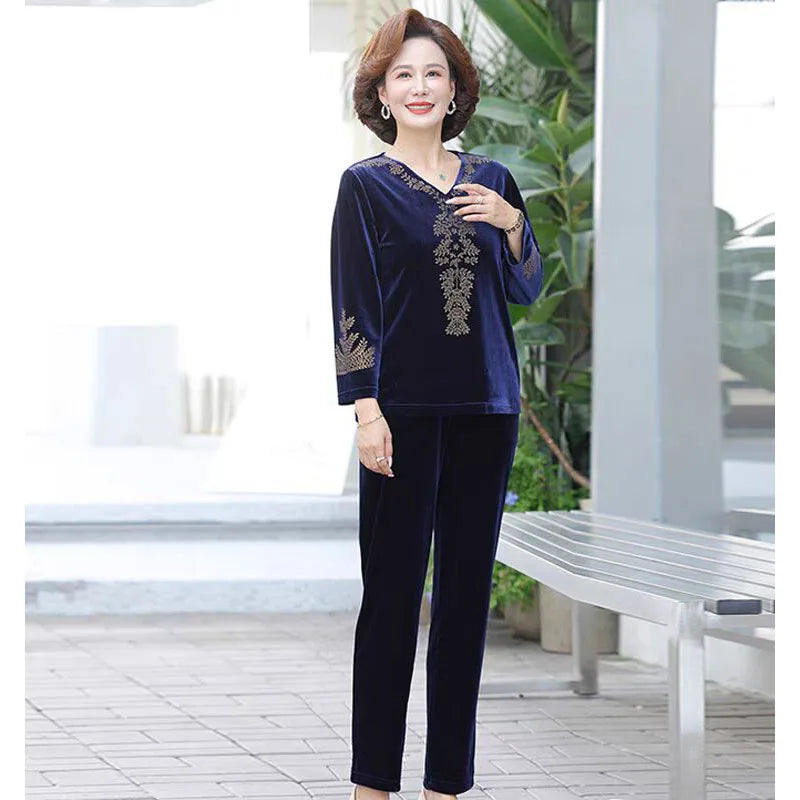 6XL 7XL Mom's Gold Velvet Sets Spring Autumn Large Size V-nevk  Hot Diamond Tops Pants 2 Piece Suit Elderly Women Velvet Outfit