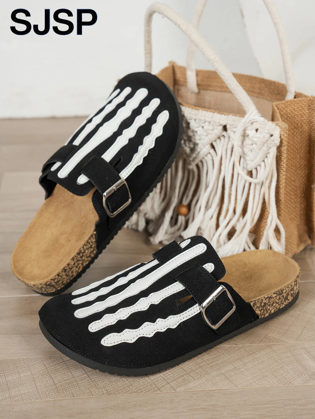 Women's New Half-Slip Halloween Trendy Skeleton Print Slip-On Sandals with Low-Top Buckle Strap Design, Suitable for Both Indoor and Outdoor Wear, Spring, Summer, and Autumn. Unique Street Style Minimalist Design Sandals, Per