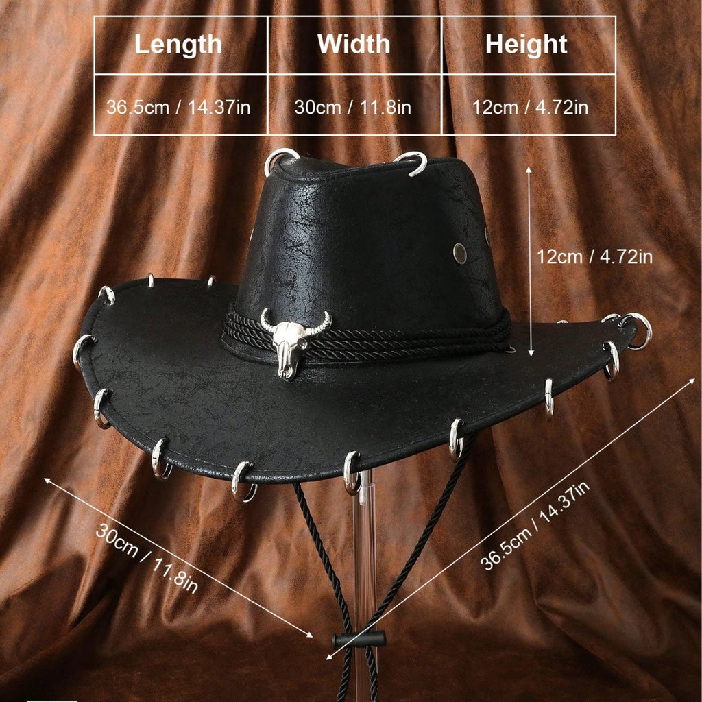 HongLuan Black Cowboy Adjustable Hat PU Leather for Man Travel Western Fashion Cowgirl with Bullhead Badge Outdoor Hats Woman