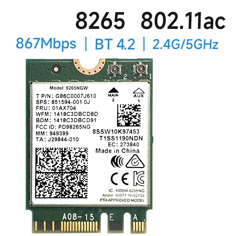 Wireless-AC 8265 Dual Band 2.4G/5Ghz Wifi Bluetooth Wlan For 8265NGW NGFF 802.11ac 867Mbps 2x2 MU-MIMO BT 4.2 Card - Free Items Weekend.