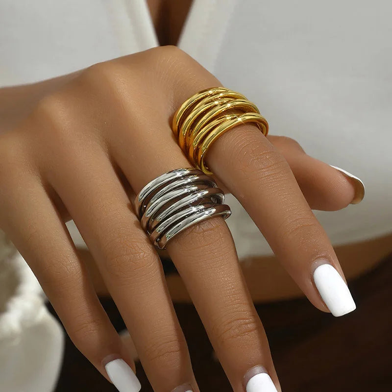 Foxanry Non-fading Gold Color Engagement Rings for Women Couples New Fashion Simple Multilayer Geometric Birthday Party Jewelry