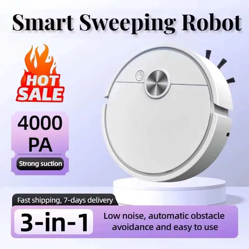 New 3 in 1 Smart Sweeping Robot Vacuum Cleaner 4000Pa Strong Suction For Bedroom Living Room Hard Floors Pet Hair Carpets