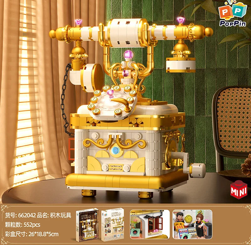 Retro camera, nostalgic coffee machine, telephone, building block model, creative assembly toy, desktop decoration, gift