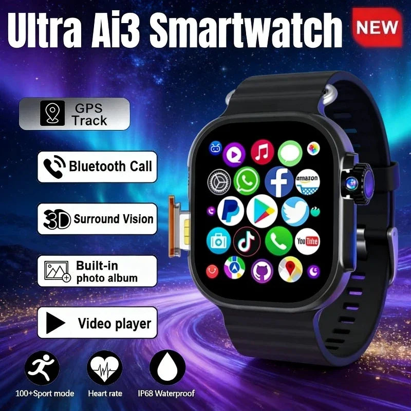 Ai3 Smartwatch: 2.2" HD Display (448*528) | 180° Rotatable Camera| 4G Calling & 256GB Memory | Comprehensive Health Tracker