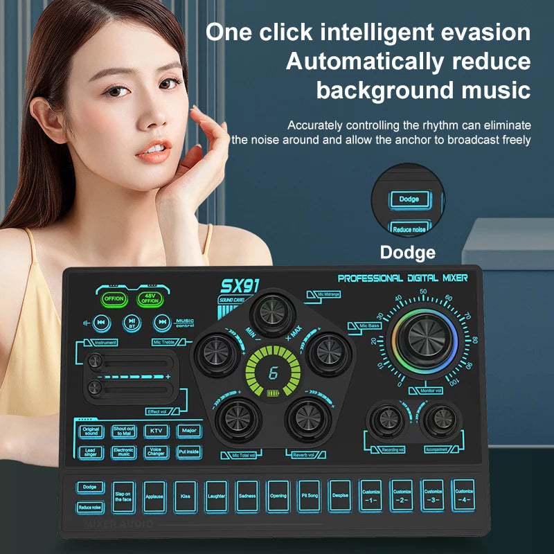 FUHAM SX91 48V Audio Mixer with Voice changer,Podcast Mixer,Sound Card for Phone Gaming Karaoke Studio Live Streaming Podcast