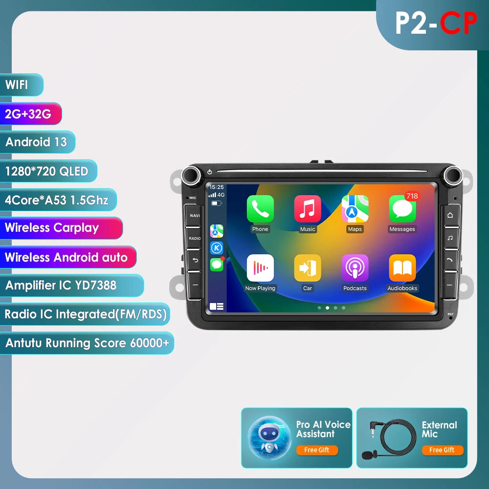 Hizpo 2Din 8'' Carplay 4G AI Systems Android 14 Car Radio forVolkswagen Golf 5 6 Polo Passat B6 B7 CC Skoda Jetta  Autoradio