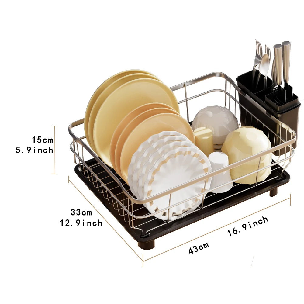 Kitchen Countertop Stainless Steel Dish Drying Rack, Large Capacity Dish Drainer With Utensil Holder, Single/Double Tier
