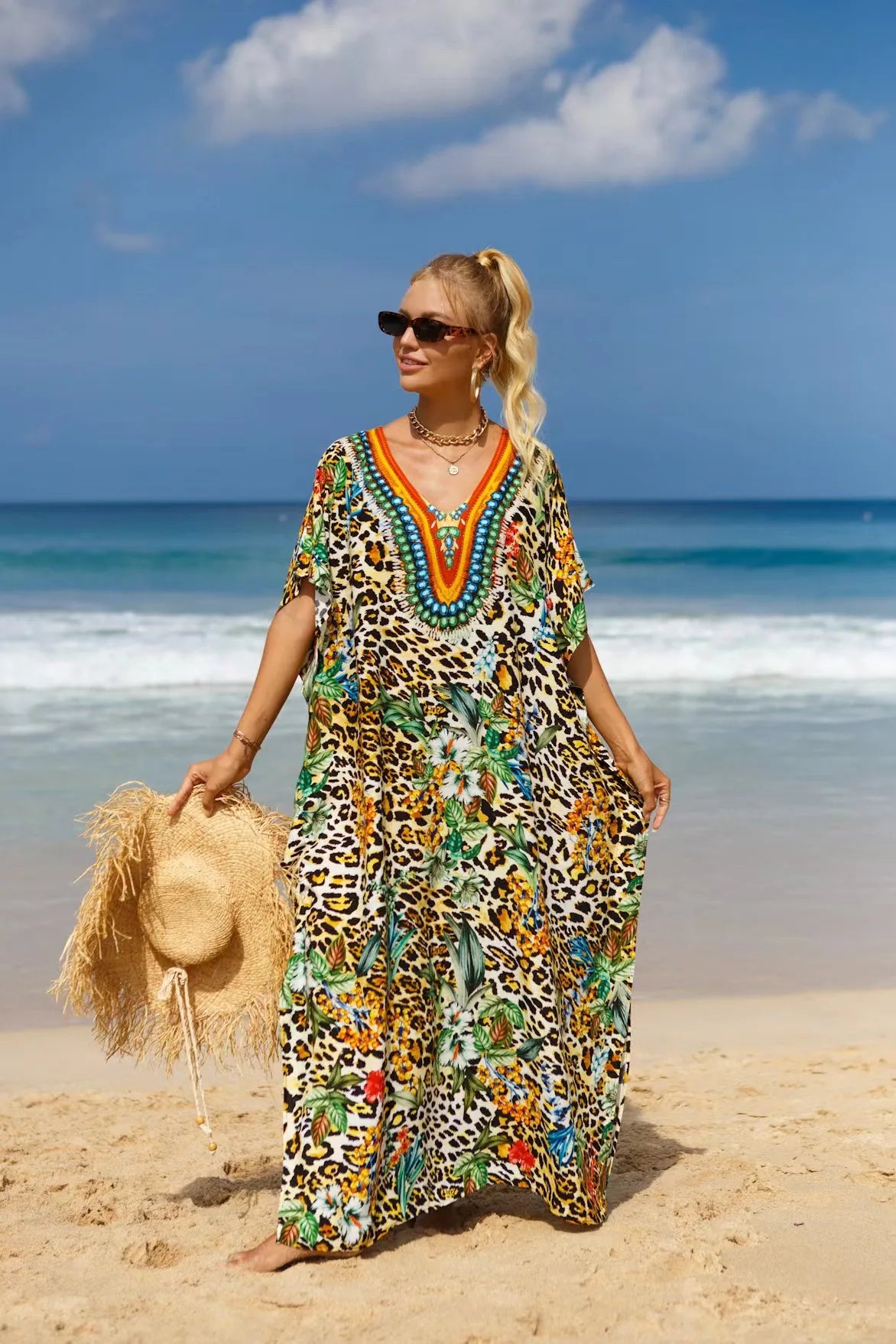 Kaftan Dresses Tropical Printed Cover Ups for Swimwear Women Elegant Maxi Robe Holiday Bathing Suits Dropshipping Hot Sales