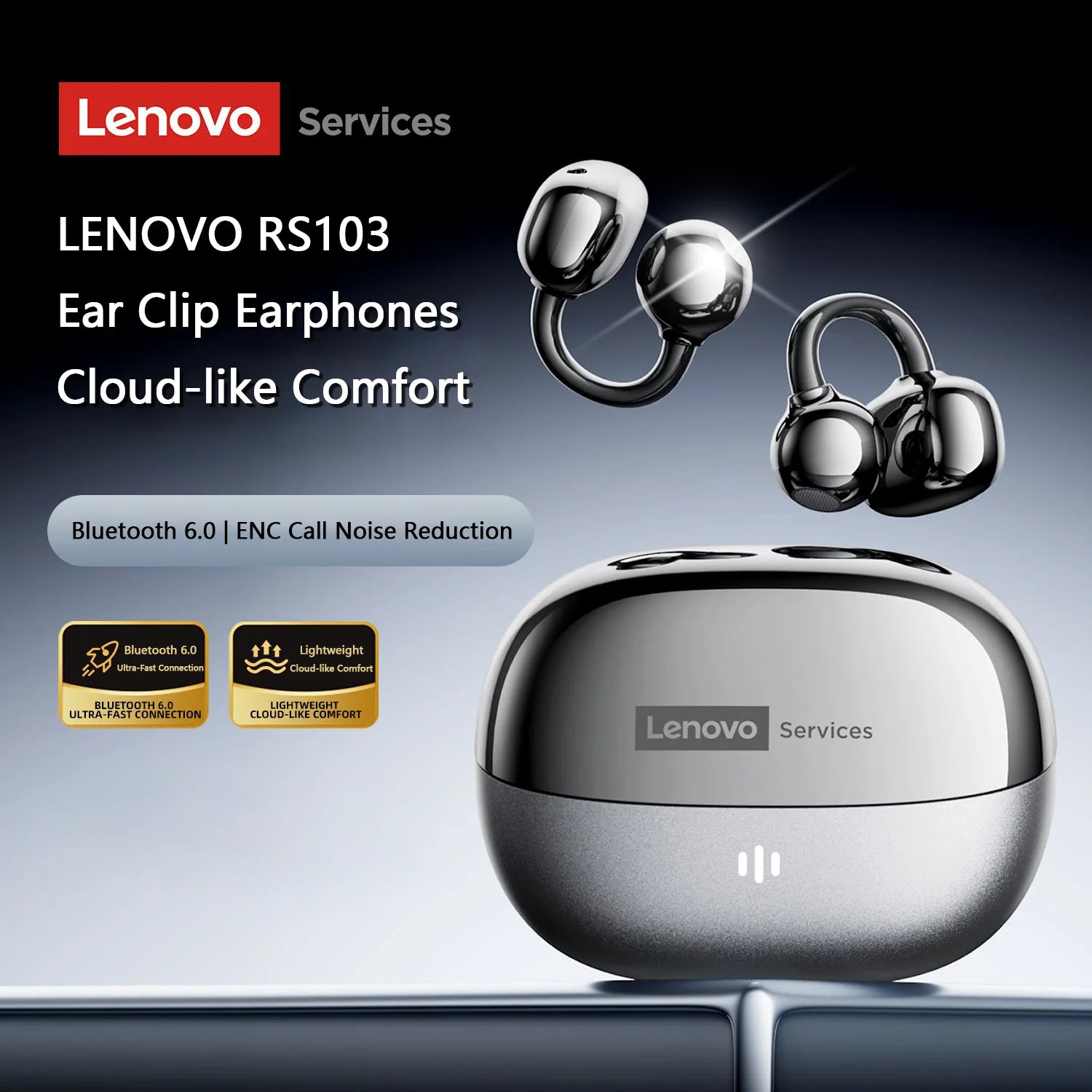 New Lenovo RS103 Wireless Bluetooth 6.0 Ear Clip Earphones 360° Surround Sound Headphones 24H Long Battery Life Earbuds for Mic