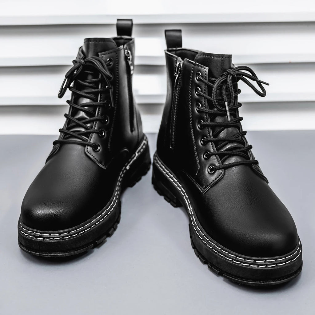 Men's High-Top Boots Fashionable All-Match Casual Shoes Classic Black British Style Motorcycle Boots Four-Season Trendy Footwear