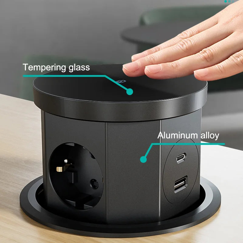 YINKA  Pop Up Table Socket Lifting Socket, USB Type-C Outlet, EU Socket, 15W Wireless Charge, Desktop Hidden Lifting Socket