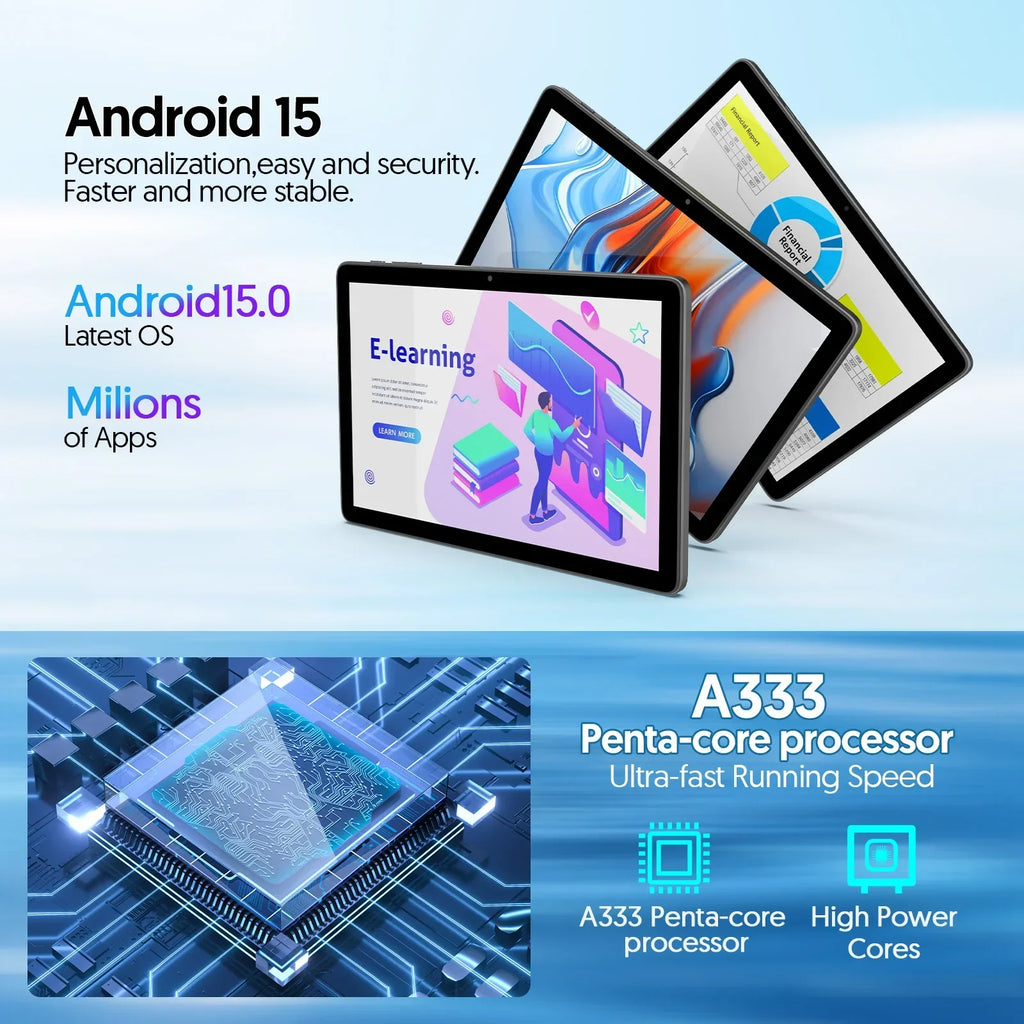 BAKEN 10-inch Android 15 tablet, A333 penta-core processor, 24GB (6GB + 18GB expansion) RAM + 128GB ROM, 5G WiFi, 8000mAh