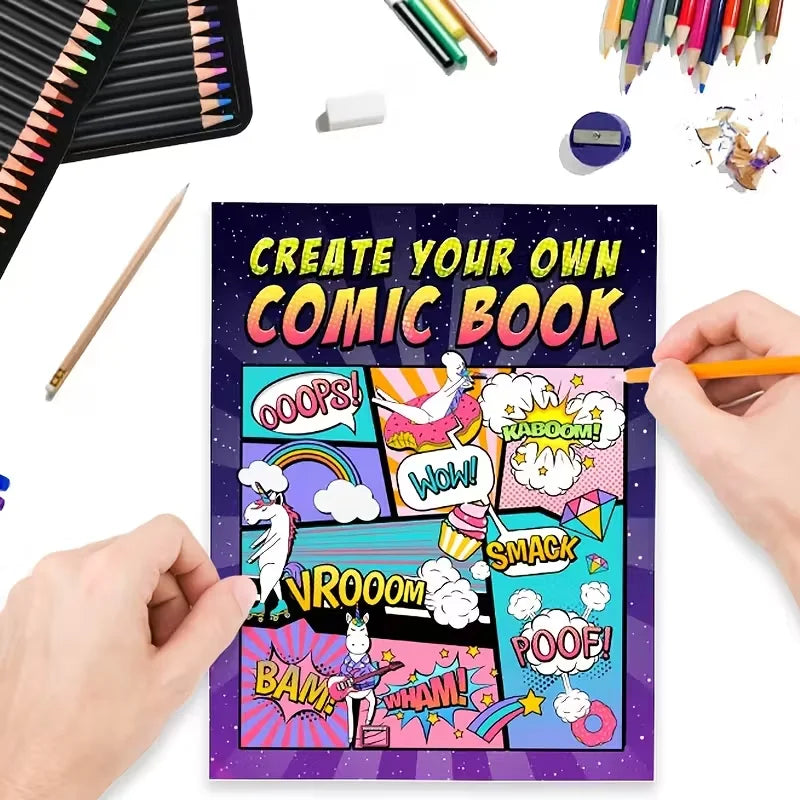100-Page Blank Comic Book Template for Artists & Writers - Vibrant Cartoon Design with "Create Your Own Comic Book" Text