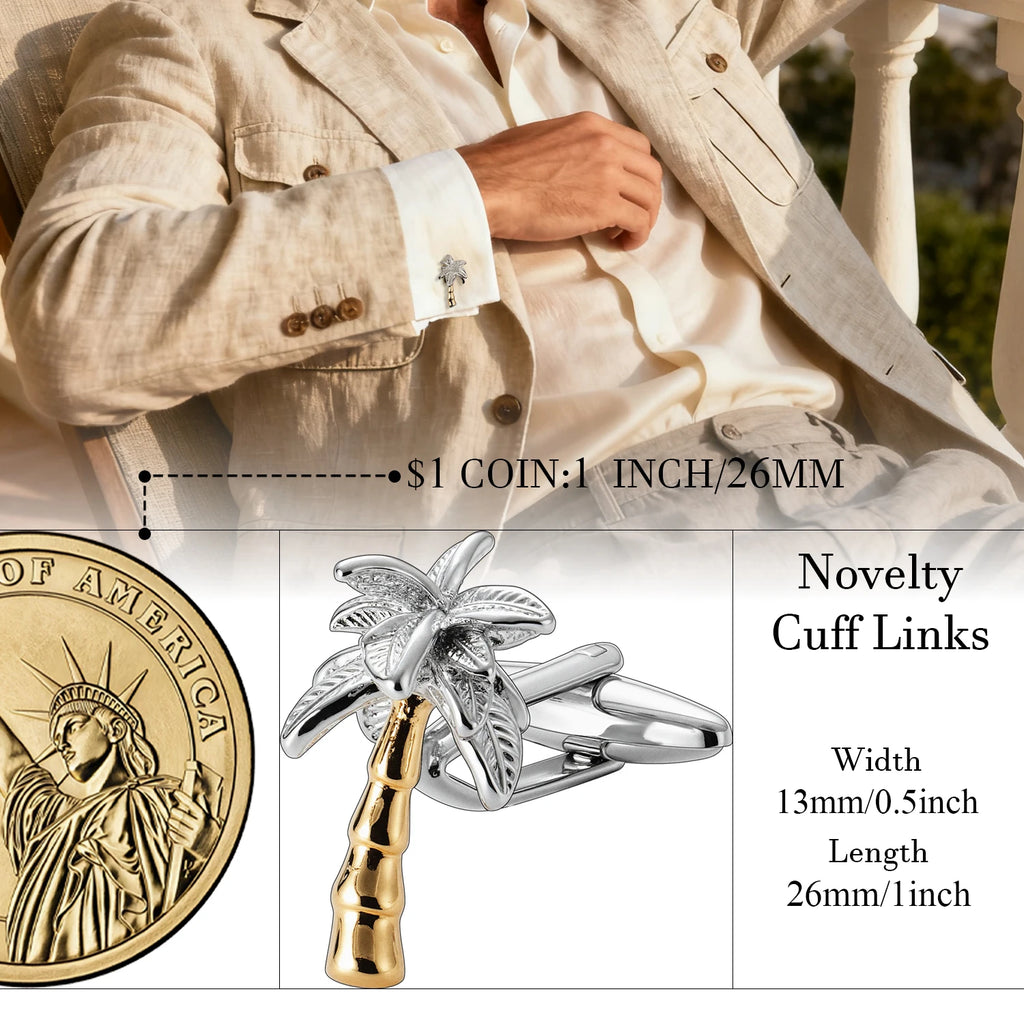 Palm Tree Cuff Links Men's Two - Tone Gold Silver Cufflinks Novelty Tropical Style Tie Accessory for Party Beach Themed Events