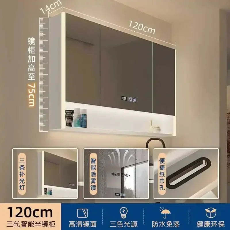 Smart Bathroom Cabinets Makeup Mirror Storage Cabinet LED Light Wall Mirror Cabinet with Time Digital Display Bathroom Furniture
