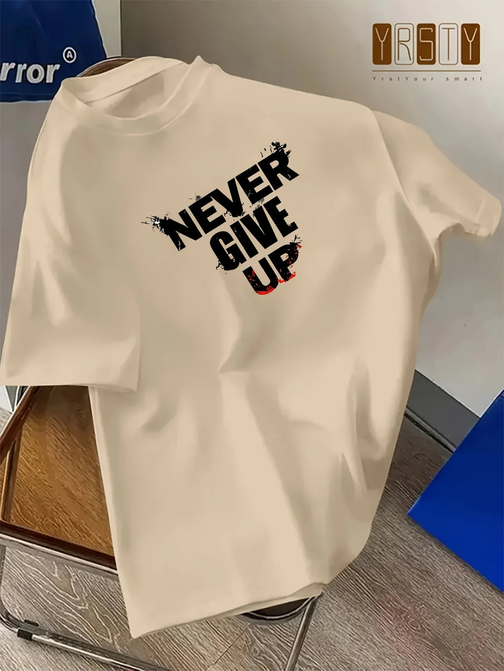 Men's 100% pure cotton fashionable casual loose sports never give up letter pattern printed round neck short sleeved T-shirt top