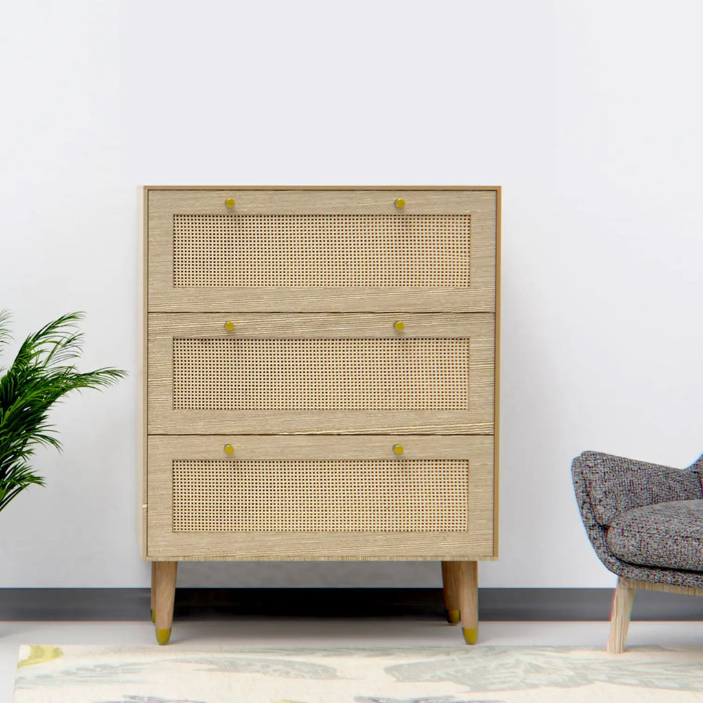 3 Drawer Solid Wooden Rattan Dresser for Bedroom Hallway or Living Room with Spacious Storage and Metal Handles Oaken Color