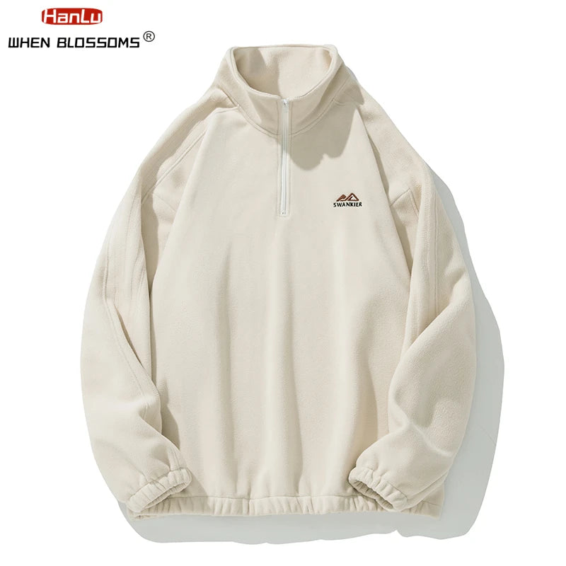 Autumn Winter Fleece Warm Stand Collar Embroidered Half Zip Men's Sweater New WoMen Fashion Streetwear Sweatshirts Casual Coats