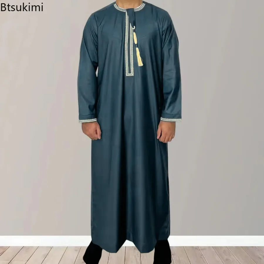 New Men's Muslim Fashion Abayas Dress O Neck Long Sleeve Pullover Kaftan Pakistan Saudi Arab Caftan Islamic Clothing Prayer Robe