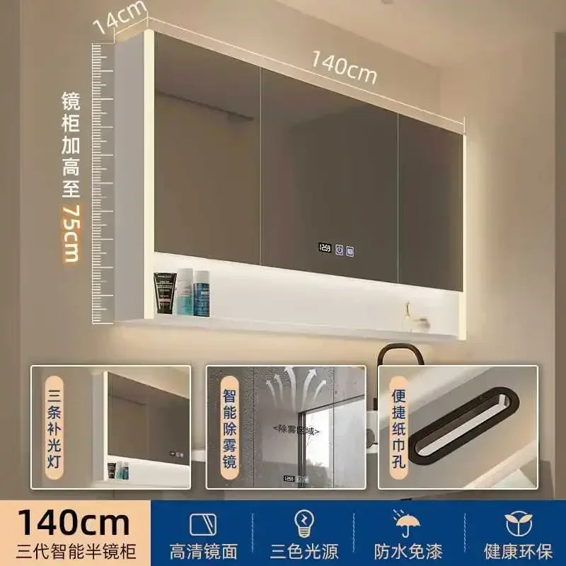 Smart Bathroom Cabinets Makeup Mirror Storage Cabinet LED Light Wall Mirror Cabinet with Time Digital Display Bathroom Furniture
