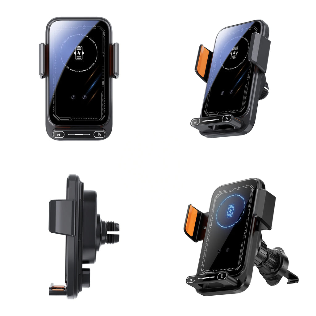 Car Phone Charger Phone Holder 15W Wireless & Wired Charger Auto Sensing One-Touch Release and Rotation Qi FCC ROHS Certified