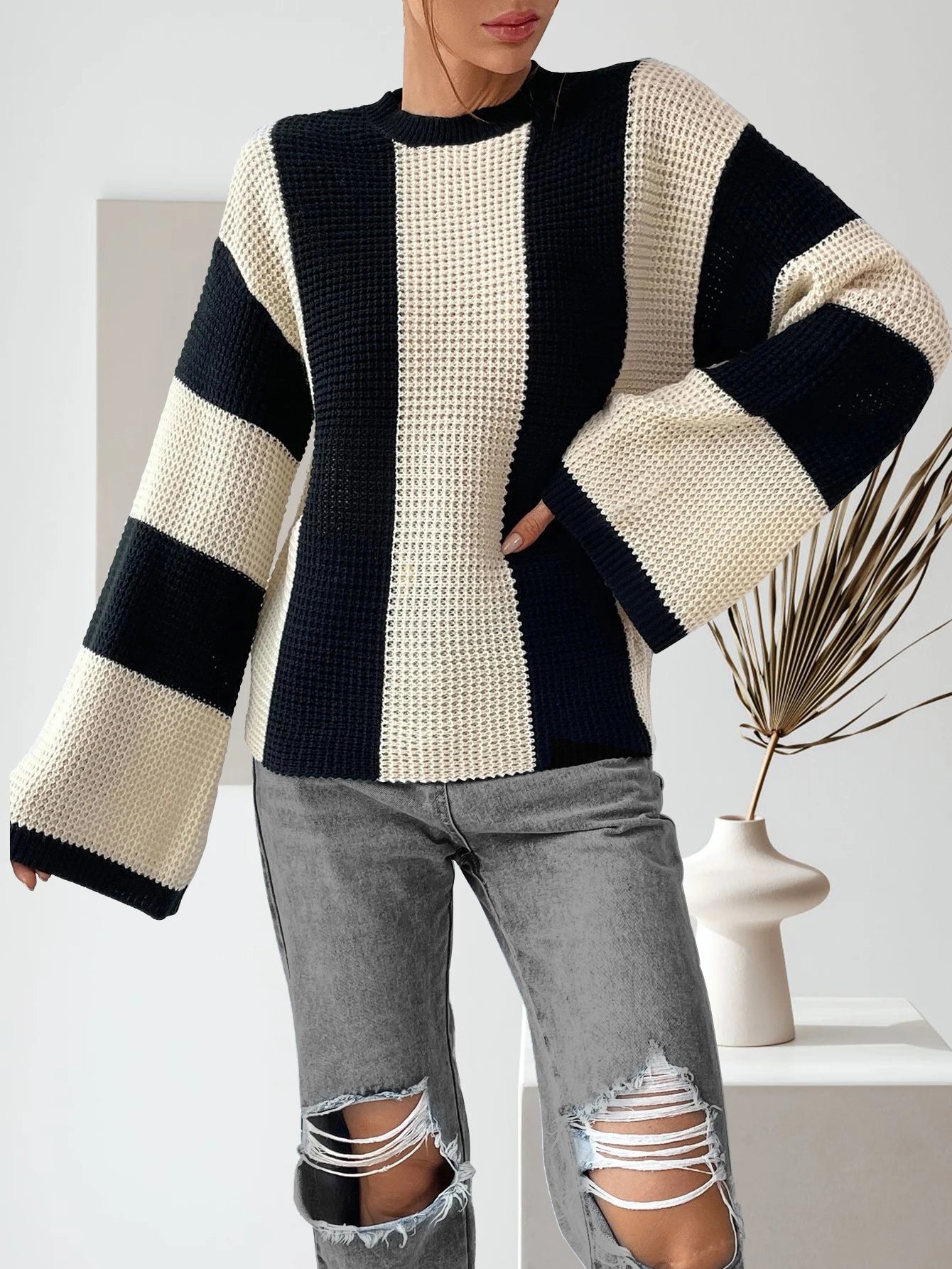 Women's Colorblock Drop Shoulder Knit Top, Casual Long Sleeve Round Neck Knitwear for Spring and Fall, Women's Knit Clothing