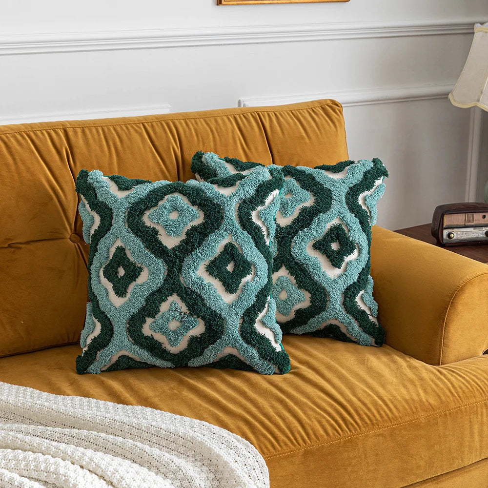 Blue Green Boho Tufted Pillow Covers Decorative Geometric Cotton Canvas Cushion Cover Sofa Throw Pillow Case Bed Rest Pillowslip