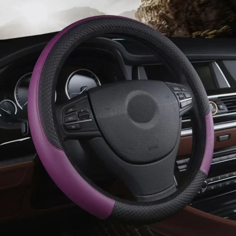 38cm Steering Wheel Cover PU Leather Anti Slip Steer Wheel Protector Fiber Braid Breathable Steering Cover