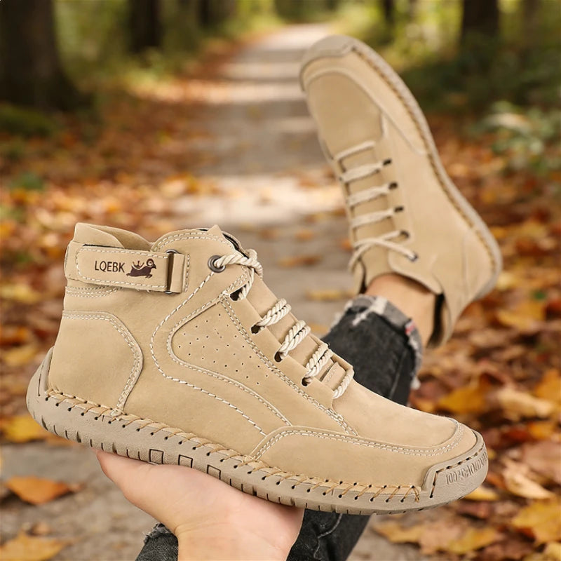 Retro Handmade Stitched Men's High-Top Leather Boots Comfortable Casual Shoes 2026 New Soft Sole Non-Slip Flat Luxury Work Shoes